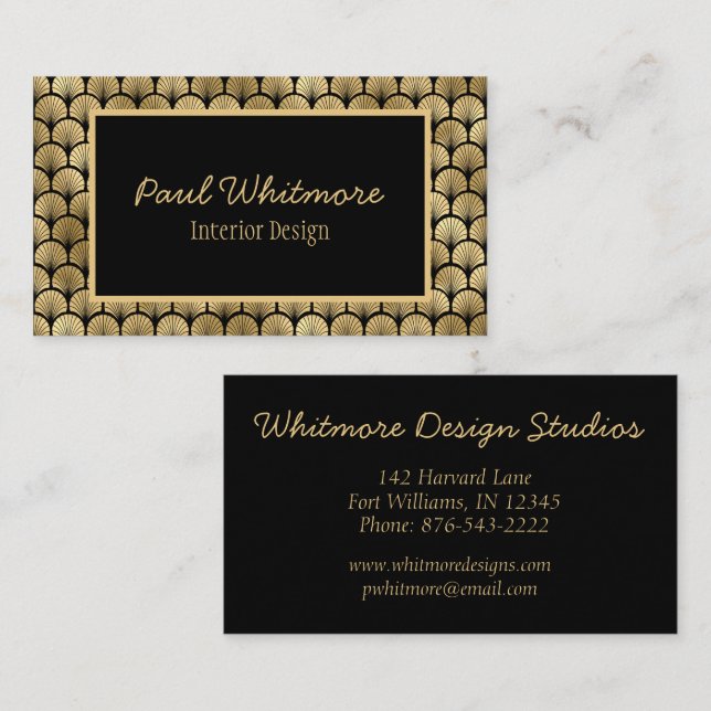 Carte De Visite Style Art Déco Motif Black Gold Shell (Devant / Derrière)