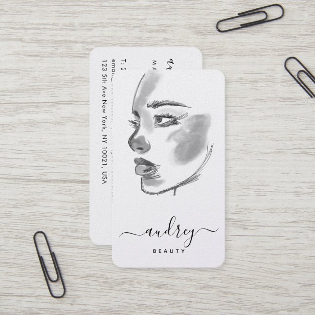 Carte De Visite Style Beauté noir blanc Aquarelle Script (Devant/Arrière en situation)