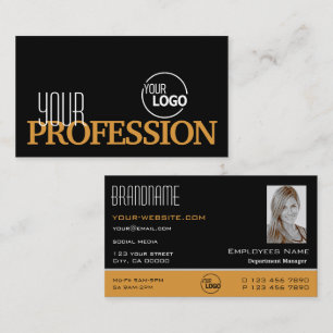 Carte De Visite Style Black Orange simple avec logo et photo