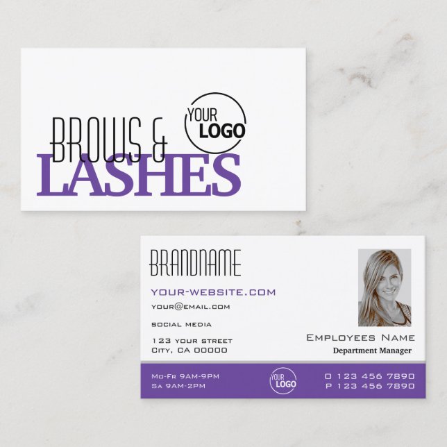 Carte De Visite Style blanc violet simple avec logo et photo (Devant / Derrière)