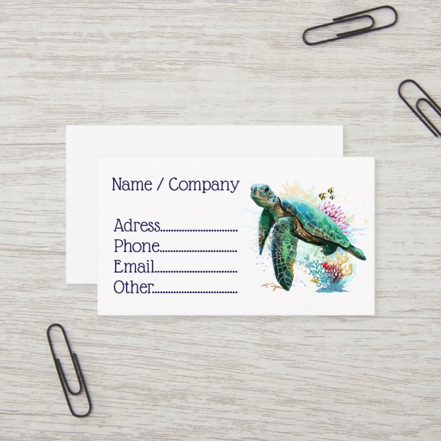 Carte De Visite Style d'aquarelle sous-marine de tortue marine (Devant/Arrière en situation)