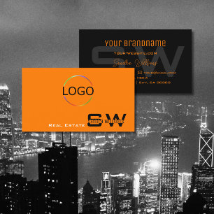 Carte De Visite Style Orange Noir avec Monogramme et Logo Simple