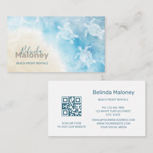 Carte De Visite Style plage Turtasses blanches Scan QR Code (Devant / Derrière)