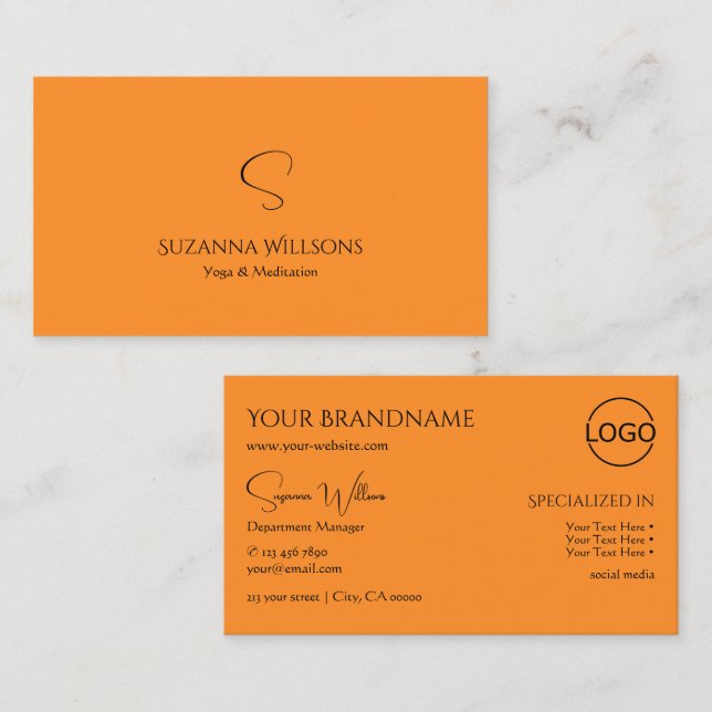 Carte De Visite Style Plain Orange avec Monogramme et Logo Moderne (Devant / Derrière)