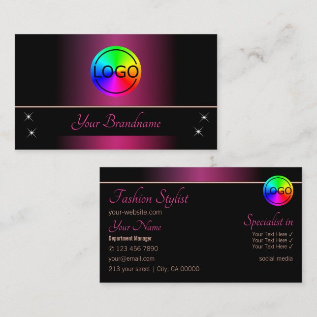 Carte De Visite Style rose et noir chic avec logo professionnel (Devant / Derrière)