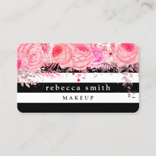 Carte De Visite Style rose floral noir rayures blanches maquillage
