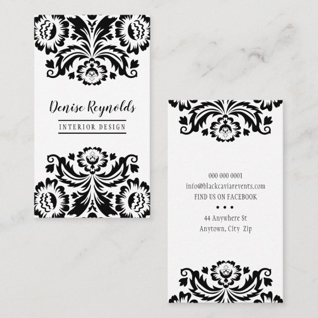Carte De Visite STYLISH AFFAIRES élégant joli damassé noir blanc (Devant / Derrière)