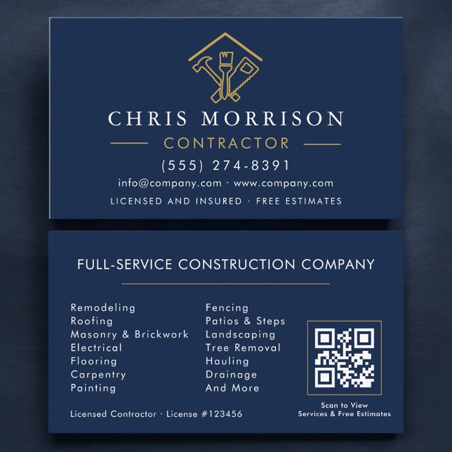 Carte De Visite Stylish Home Repairs Contractor Navy Blue QR Code (Créateur téléchargé)