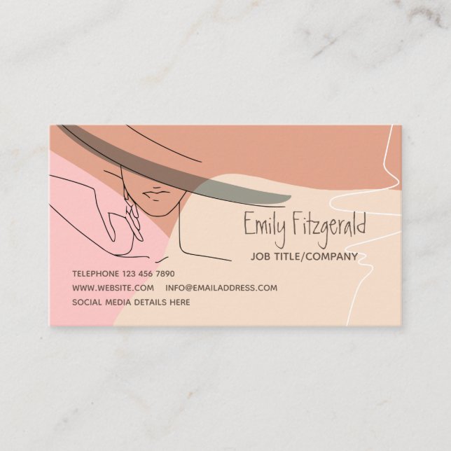 Carte De Visite Stylish Line Dessin Femme en Casquette crème rose  (Devant)