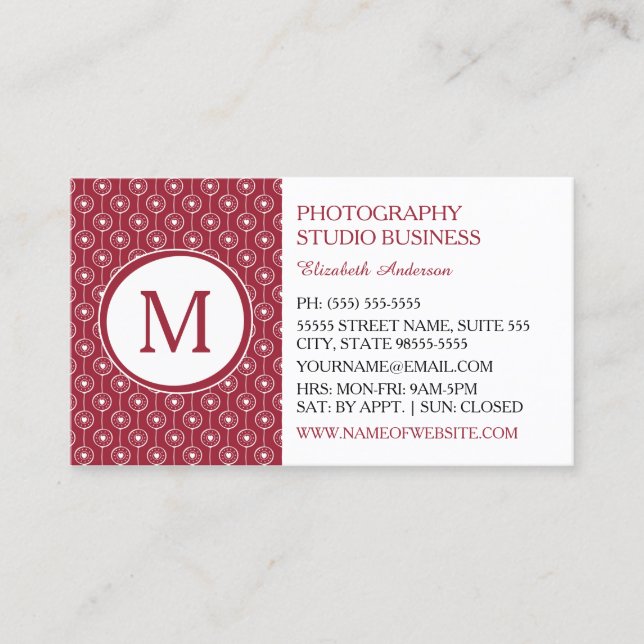 Carte De Visite Stylish Red and White Hearts Monogramme Photograph (Devant)