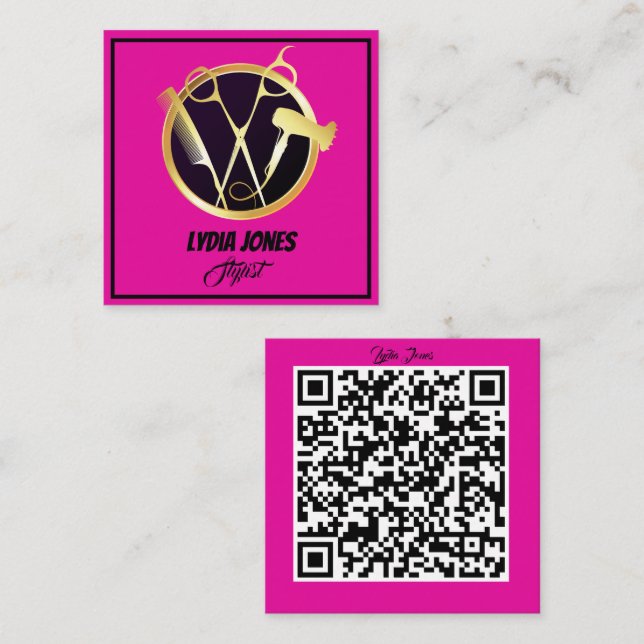 Carte de visite Stylist Carré rose chaud avec code (Devant / Derrière)