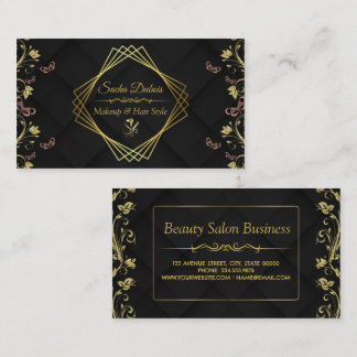 Carte De Visite Styliste de cheveux moderne Black Floral Gold Beau