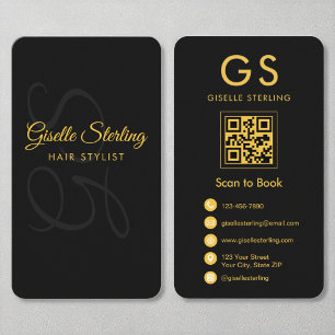 Carte De Visite Styliste de cheveux Monogramme Black Gold QR Code