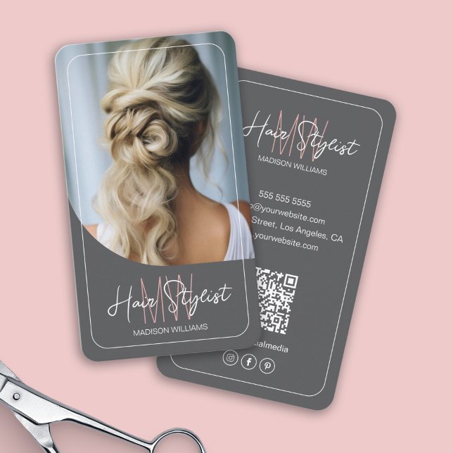 Carte De Visite Styliste de cheveux Monogramme Logo Photo Grey (Hair Stylist Monogram Logo Photo Gray Business Card)