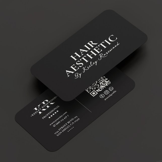 Carte De Visite Styliste de cheveux Script Monogramme minimal noir (Hair Stylist Script Minimal Monogram Black Business Card
)