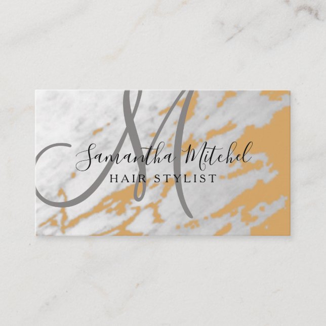 Carte De Visite Styliste de cheveux tendance Monogramme or & marbr (Devant)