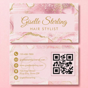 Carte De Visite Styliste des cheveux Blush Pink Gold Agate QR Code
