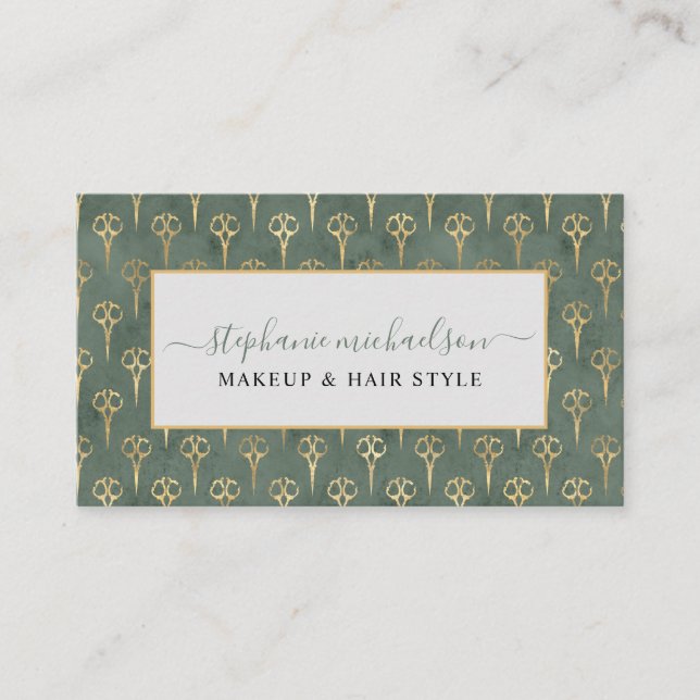 Carte De Visite Stylo à cheveux Gold Ciseau Sage Green (Devant)
