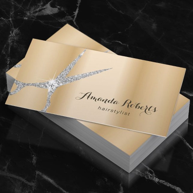 Carte De Visite Stylo à cheveux Moderne ciseau Silver Salon Or (Créateur téléchargé)
