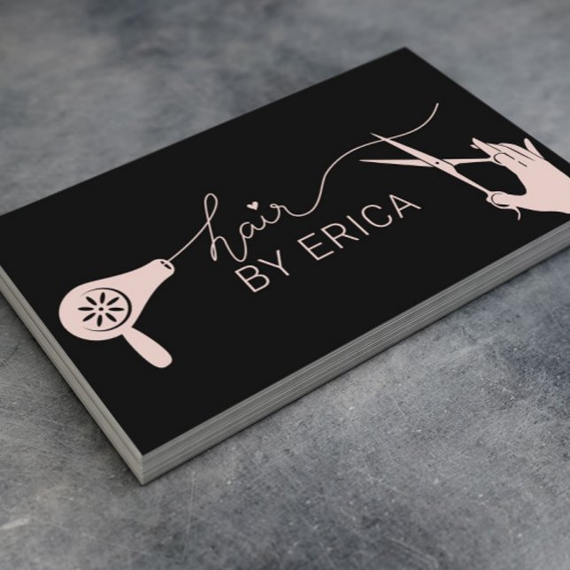 Carte De Visite Stylo Cheveux Jolie Typographie Noir et Rose Bleu (Créateur téléchargé)