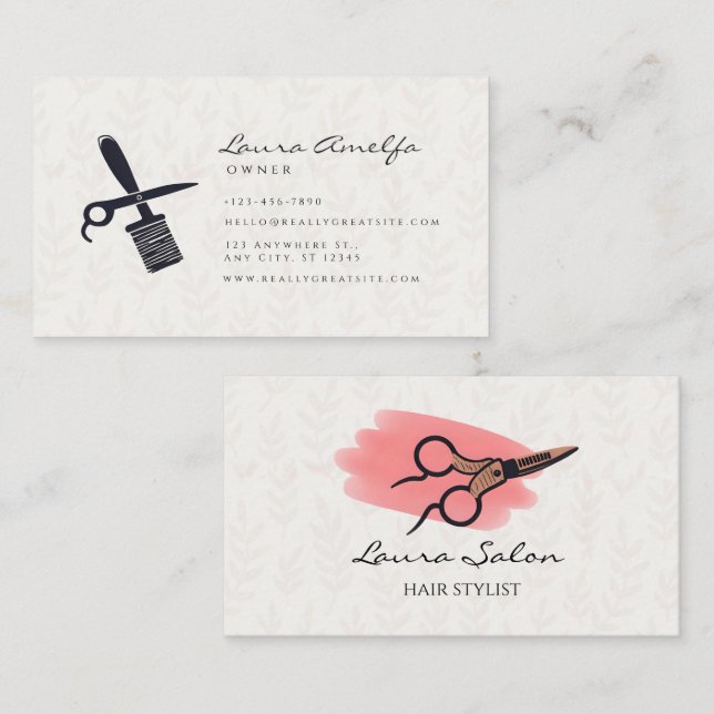 Carte De Visite Stylo cheveux rose avec salon ciseau blanc (Devant / Derrière)