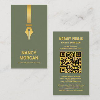 Carte De Visite Stylo doré Notaire public Code Qr Vert sauge