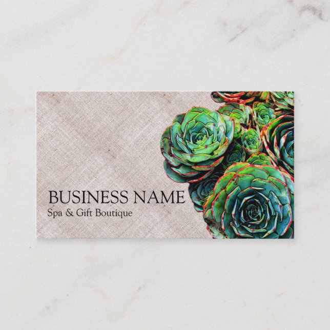 Carte De Visite Succulents verts sur chic moderne de toile de jute (Devant)