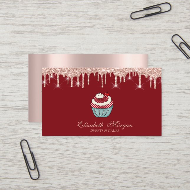Carte De Visite Sucres Cupcake Rose Gold Drives Rouge (Devant/Arrière en situation)