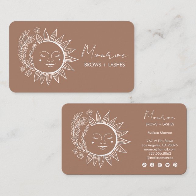 Carte De Visite Sun Flower Boho Line Art Elegant Mocha Social Icon (Devant / Derrière)