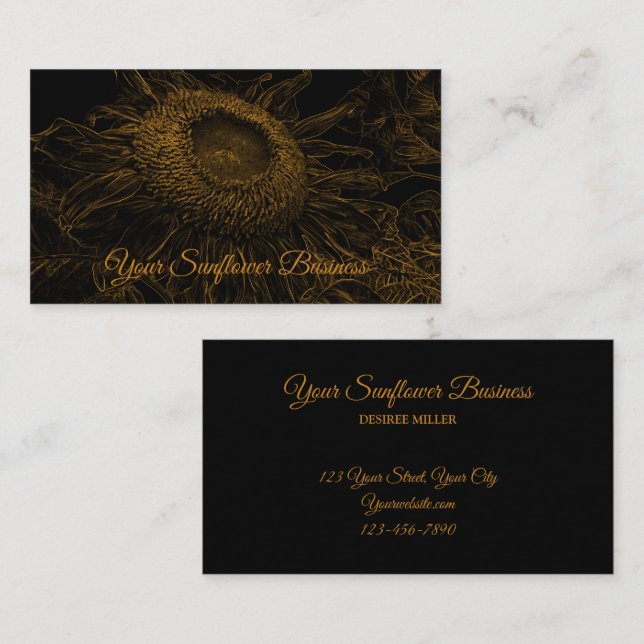 Carte De Visite Sunflower Gold Black Floral Art Elegant Luxe (Devant / Derrière)