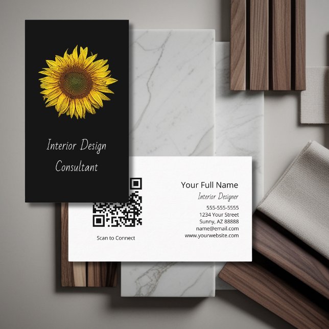 Carte De Visite Sunflower QR code Interior Designer Modern Black  (Créateur téléchargé)