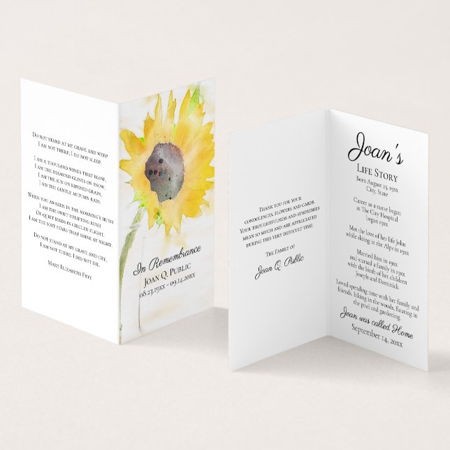 Carte De Visite Sunflower Vase Aquarelle Funérailles Prière commém (Intérieur et extérieur)