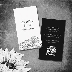 Carte De Visite Sunflowers moderne Noir Blanc QR code Boho