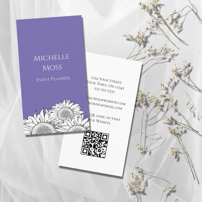 Carte De Visite Sunflowers moderne QR code Boho Floral Purple (Créateur téléchargé)