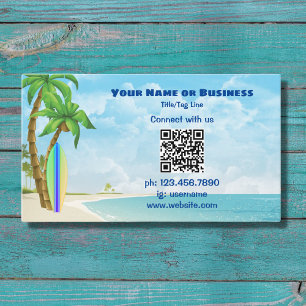 Carte De Visite Surf et palmiers   QR Code Plage tropicale