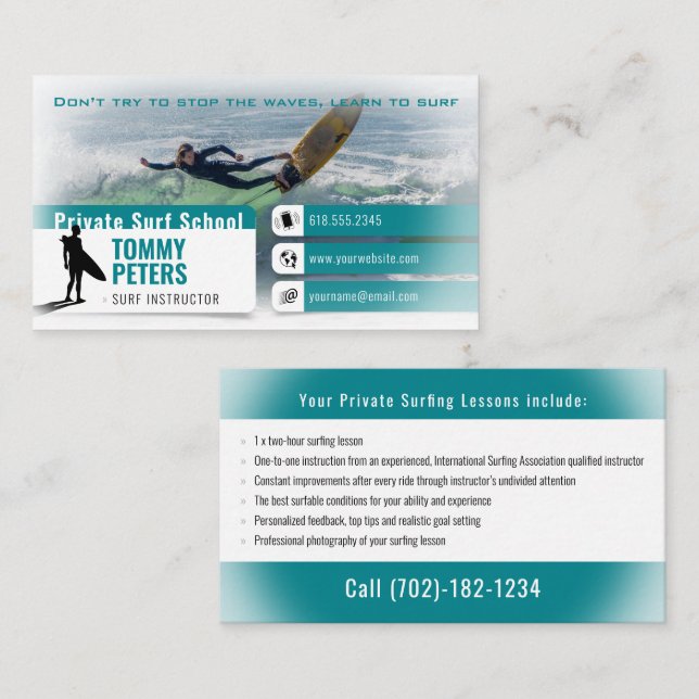 Carte De Visite Surf Instructeur | Surfboard Active Sports (Devant / Derrière)