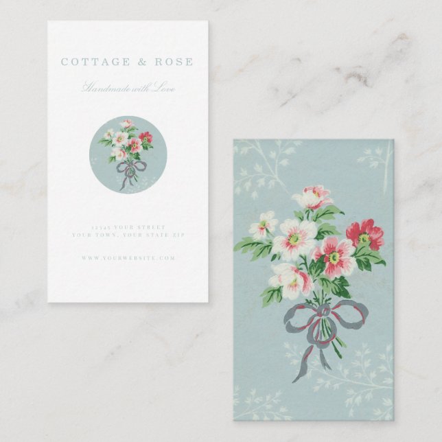 Carte De Visite Sweet Delicate Chalet Bleu Bouquet Floral (Devant / Derrière)