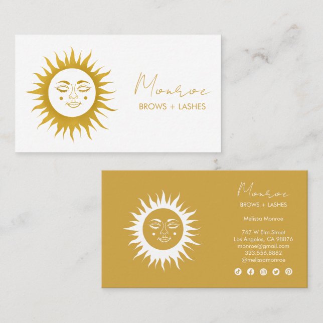 Carte De Visite Sweet Sunshine Boho Golden Elegant Social Icons (Devant / Derrière)