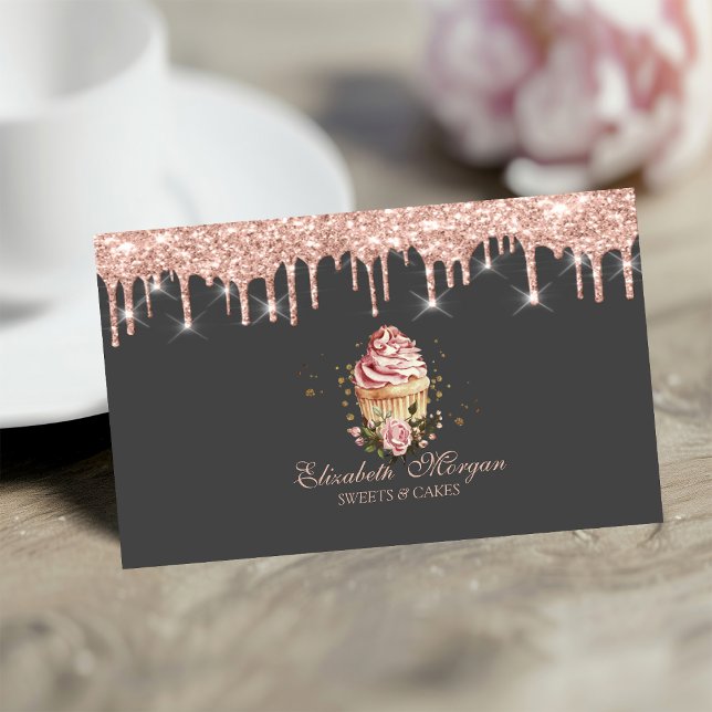 Carte De Visite  Sweets Cupcake Flowers Rose Gold Drips Bakery  (Créateur téléchargé)