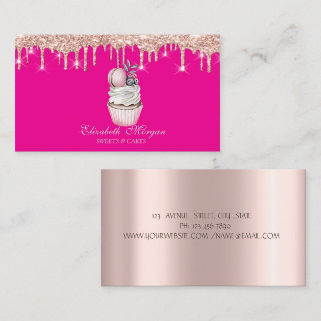 Carte De Visite  Sweets Cupcake Macaron Rose Gold Drips Pink (Devant / Derrière)