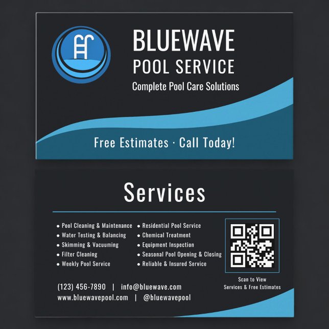 Carte De Visite  Swimming Pool Service QR Code Professional (Créateur téléchargé)