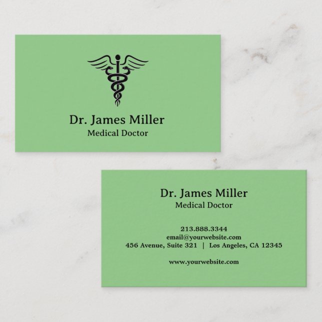 Carte De Visite Symbole Caduceus Médicale Professionnel Vert (Devant / Derrière)