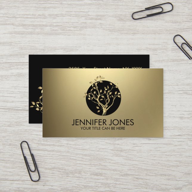 Carte De Visite Symbole de luxe Pastel Gold Tree (Devant/Arrière en situation)