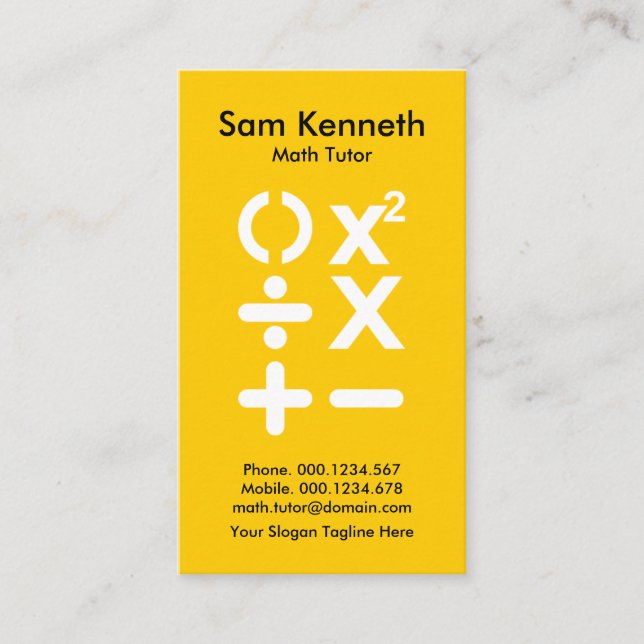 Carte De Visite SYMBOLE DE MATHÈSE JaUNE CLAIR BODMAS Math Tutor (Devant)