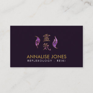 Carte De Visite Symbole et mains curatifs améthyste et or de Reiki