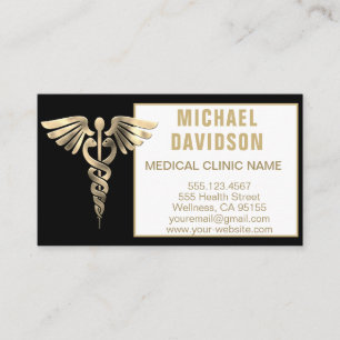 Carte De Visite Symbole Médicale Caduceus - Or, Noir, Biseau Blanc