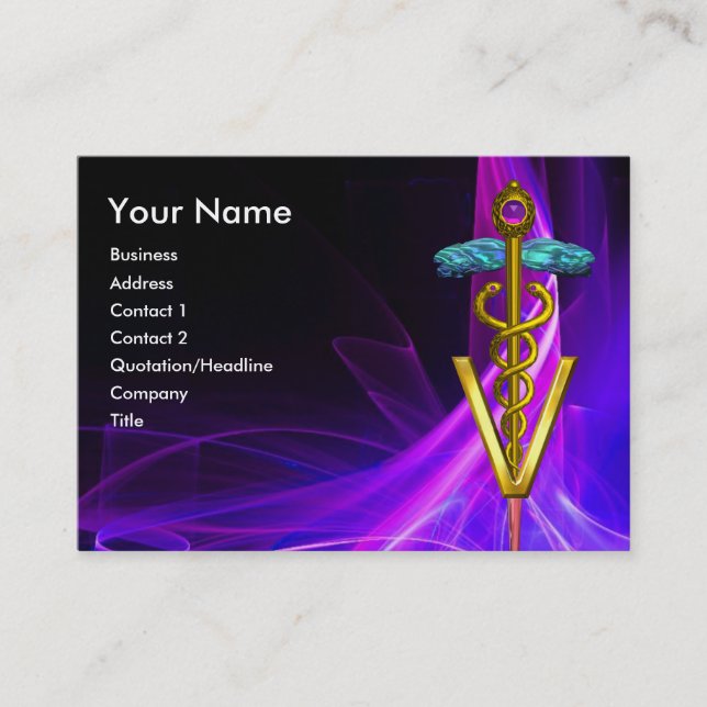 CARTE DE VISITE SYMBOLE VÉTÉRINAIRE CADUCÉ D'OR VURPLE VAGUES LUMI (Devant)