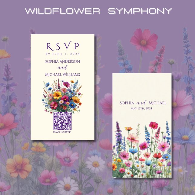 Carte De Visite Symphonie fleur sauvage-code RSVP-QR (Wildflower Symphony Wedding RSVP QR Code-Colorful, Rustic, Country, Bohemian, Elegant)