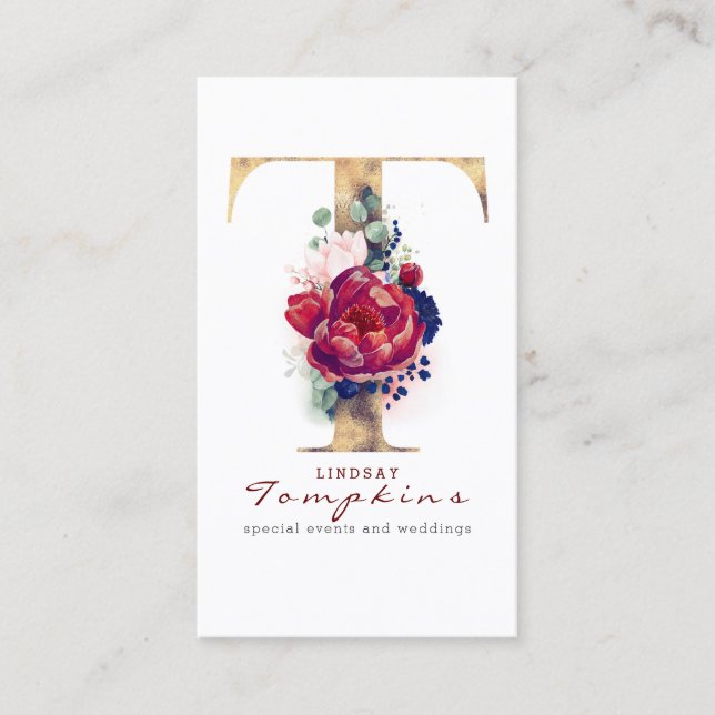 Carte De Visite T Monogram Burgundy Gold et Navy Blue Floral (Devant)