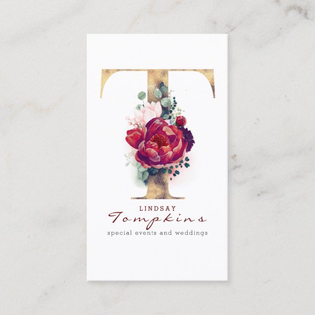 Carte De Visite T Monogramme Bourgogne Fleurs rouges et Parties sc (Devant)